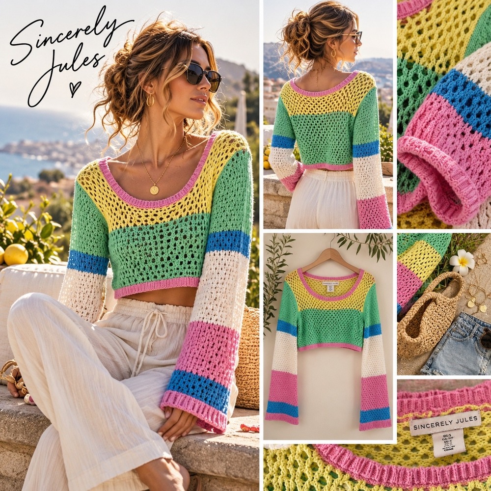 Sincerely Jules S Crochet Colorblock Crop Sweater Y2K Coastal Festival